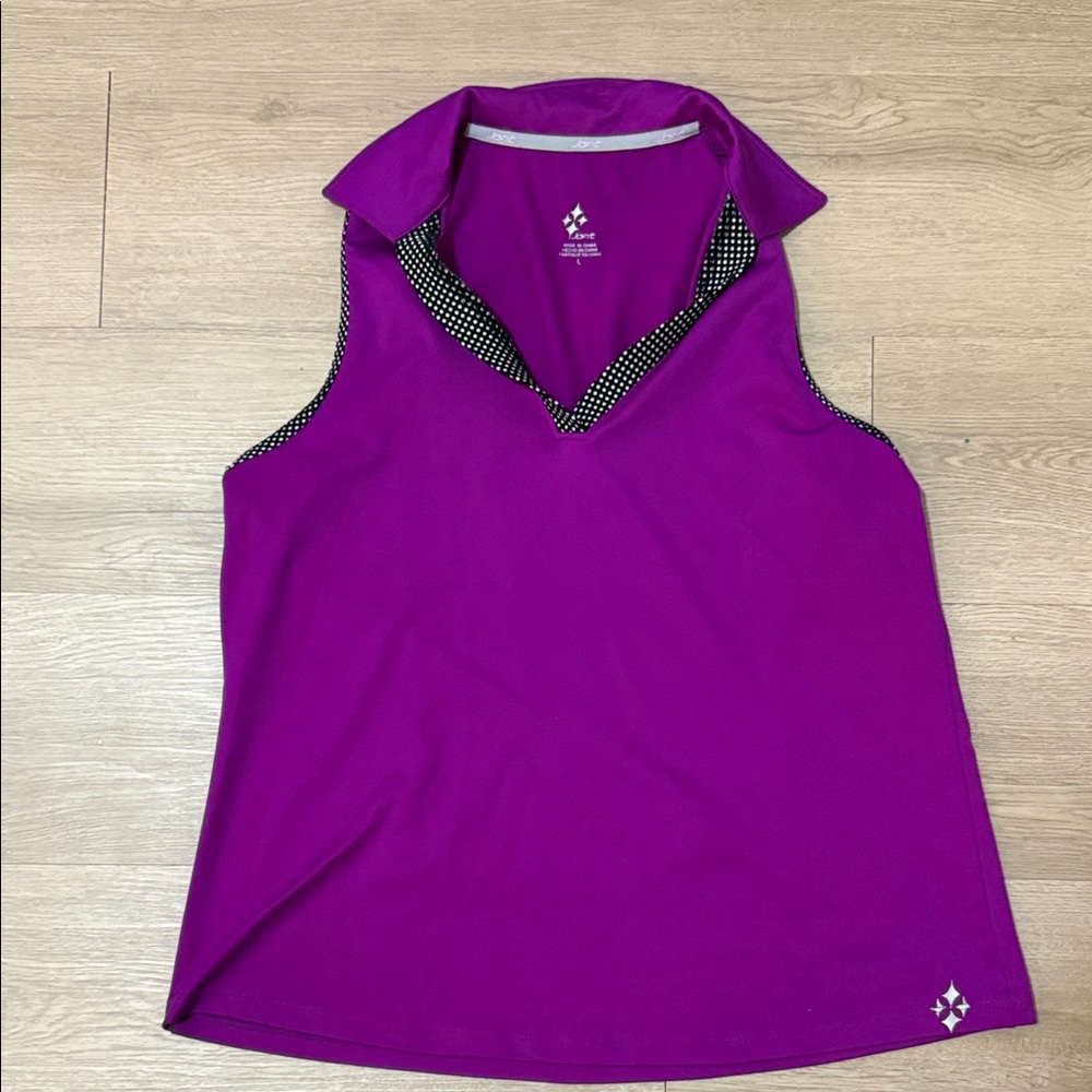 JOFIT PURPLE AND POLKA DOT ACTIVEWEAR TOP SIZE LARGE GUC
